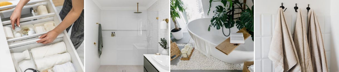 Collage of DIY bathroom makeover ideas including drawer organization, towel updates, indoor plants, and a clean modern shower.